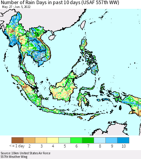 South East Asia Number of Rain Days in past 10 days (USAF 557th WW) Thematic Map For 6/1/2022 - 6/5/2022