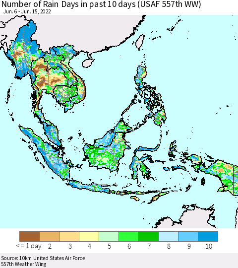 South East Asia Number of Rain Days in past 10 days (USAF 557th WW) Thematic Map For 6/11/2022 - 6/15/2022