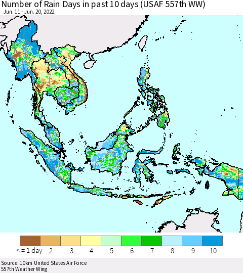 South East Asia Number of Rain Days in past 10 days (USAF 557th WW) Thematic Map For 6/16/2022 - 6/20/2022