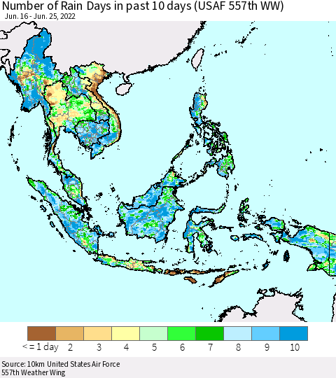 South East Asia Number of Rain Days in past 10 days (USAF 557th WW) Thematic Map For 6/21/2022 - 6/25/2022