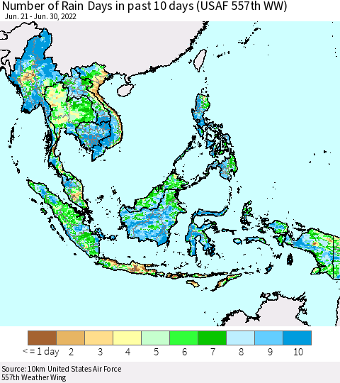 South East Asia Number of Rain Days in past 10 days (USAF 557th WW) Thematic Map For 6/26/2022 - 6/30/2022