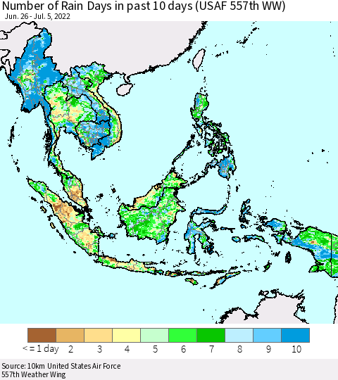 South East Asia Number of Rain Days in past 10 days (USAF 557th WW) Thematic Map For 7/1/2022 - 7/5/2022