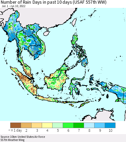 South East Asia Number of Rain Days in past 10 days (USAF 557th WW) Thematic Map For 7/6/2022 - 7/10/2022