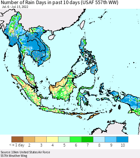 South East Asia Number of Rain Days in past 10 days (USAF 557th WW) Thematic Map For 7/11/2022 - 7/15/2022