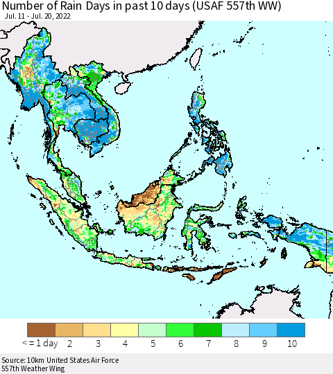 South East Asia Number of Rain Days in past 10 days (USAF 557th WW) Thematic Map For 7/16/2022 - 7/20/2022