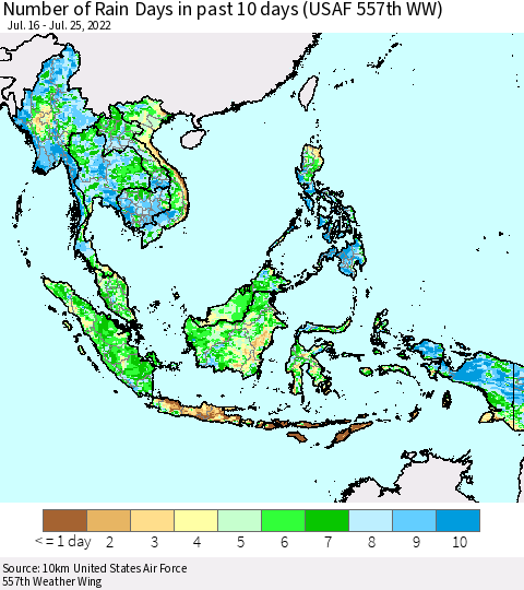 South East Asia Number of Rain Days in past 10 days (USAF 557th WW) Thematic Map For 7/21/2022 - 7/25/2022