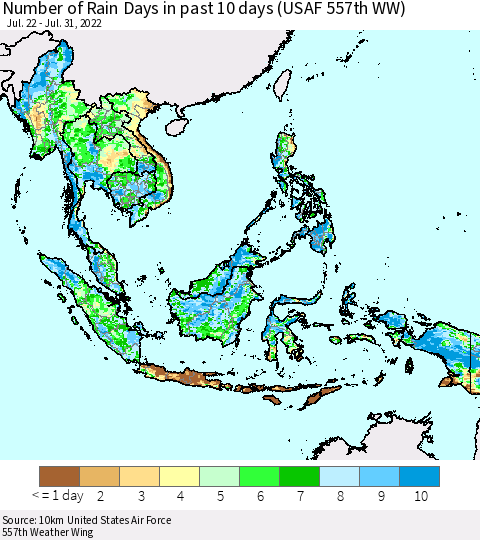 South East Asia Number of Rain Days in past 10 days (USAF 557th WW) Thematic Map For 7/26/2022 - 7/31/2022