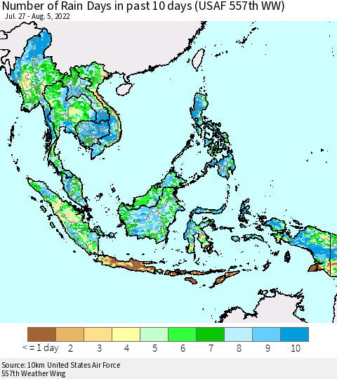 South East Asia Number of Rain Days in past 10 days (USAF 557th WW) Thematic Map For 8/1/2022 - 8/5/2022