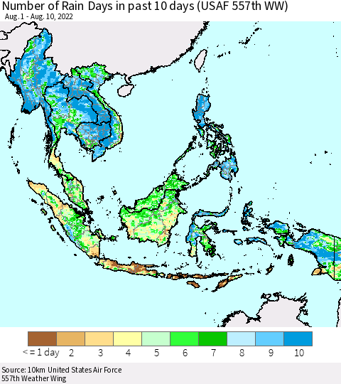 South East Asia Number of Rain Days in past 10 days (USAF 557th WW) Thematic Map For 8/6/2022 - 8/10/2022