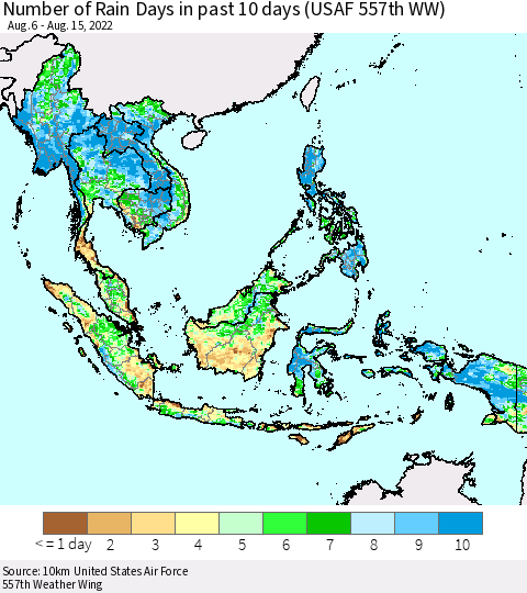 South East Asia Number of Rain Days in past 10 days (USAF 557th WW) Thematic Map For 8/11/2022 - 8/15/2022