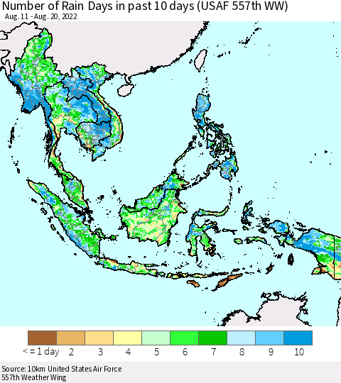 South East Asia Number of Rain Days in past 10 days (USAF 557th WW) Thematic Map For 8/16/2022 - 8/20/2022