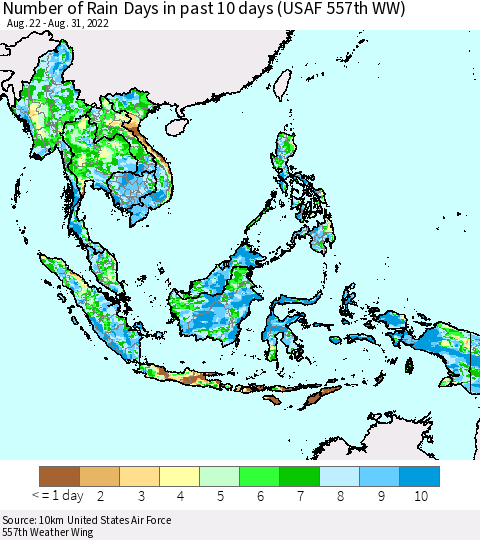 South East Asia Number of Rain Days in past 10 days (USAF 557th WW) Thematic Map For 8/26/2022 - 8/31/2022
