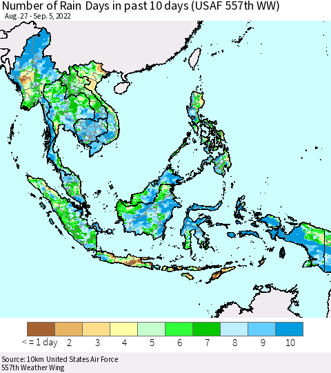 South East Asia Number of Rain Days in past 10 days (USAF 557th WW) Thematic Map For 9/1/2022 - 9/5/2022