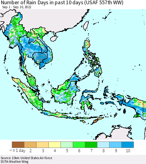 South East Asia Number of Rain Days in past 10 days (USAF 557th WW) Thematic Map For 9/6/2022 - 9/10/2022