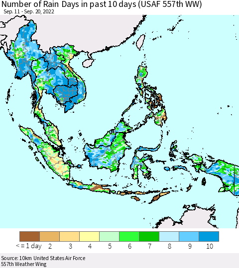 South East Asia Number of Rain Days in past 10 days (USAF 557th WW) Thematic Map For 9/16/2022 - 9/20/2022