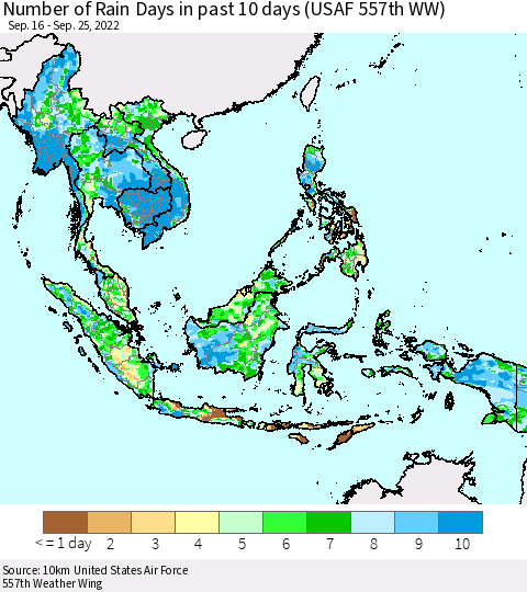 South East Asia Number of Rain Days in past 10 days (USAF 557th WW) Thematic Map For 9/21/2022 - 9/25/2022