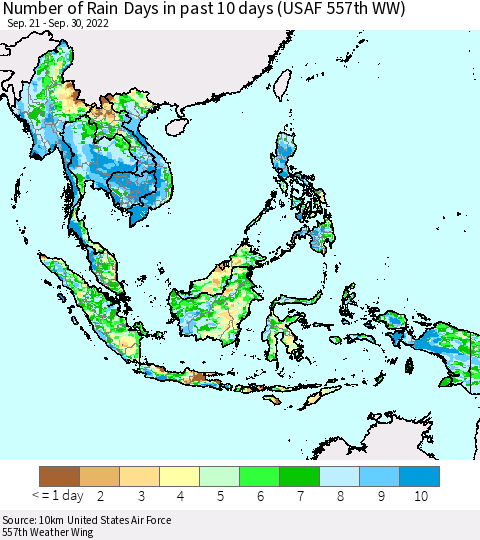 South East Asia Number of Rain Days in past 10 days (USAF 557th WW) Thematic Map For 9/26/2022 - 9/30/2022