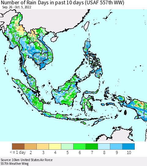 South East Asia Number of Rain Days in past 10 days (USAF 557th WW) Thematic Map For 10/1/2022 - 10/5/2022