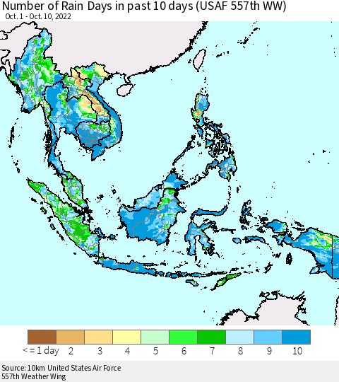 South East Asia Number of Rain Days in past 10 days (USAF 557th WW) Thematic Map For 10/6/2022 - 10/10/2022