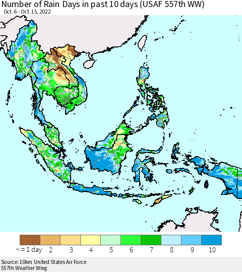 South East Asia Number of Rain Days in past 10 days (USAF 557th WW) Thematic Map For 10/11/2022 - 10/15/2022