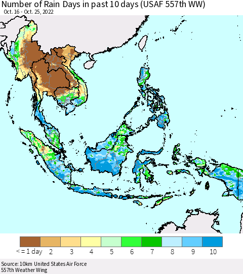 South East Asia Number of Rain Days in past 10 days (USAF 557th WW) Thematic Map For 10/21/2022 - 10/25/2022