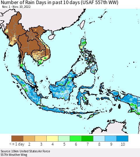 South East Asia Number of Rain Days in past 10 days (USAF 557th WW) Thematic Map For 11/6/2022 - 11/10/2022