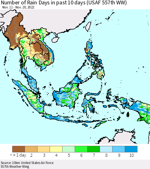 South East Asia Number of Rain Days in past 10 days (USAF 557th WW) Thematic Map For 11/16/2022 - 11/20/2022