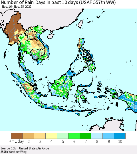 South East Asia Number of Rain Days in past 10 days (USAF 557th WW) Thematic Map For 11/21/2022 - 11/25/2022
