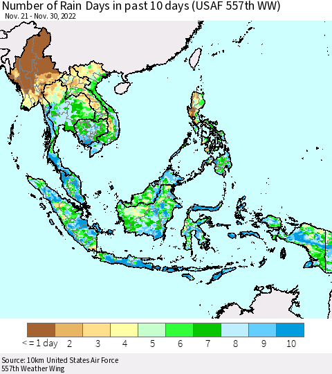 South East Asia Number of Rain Days in past 10 days (USAF 557th WW) Thematic Map For 11/26/2022 - 11/30/2022