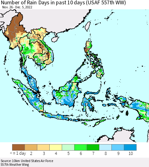 South East Asia Number of Rain Days in past 10 days (USAF 557th WW) Thematic Map For 12/1/2022 - 12/5/2022