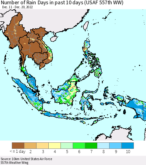 South East Asia Number of Rain Days in past 10 days (USAF 557th WW) Thematic Map For 12/16/2022 - 12/20/2022