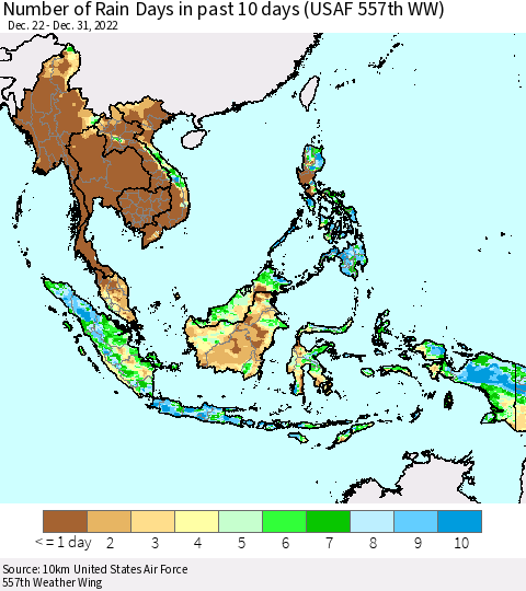 South East Asia Number of Rain Days in past 10 days (USAF 557th WW) Thematic Map For 12/26/2022 - 12/31/2022