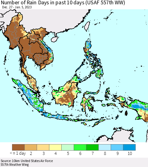 South East Asia Number of Rain Days in past 10 days (USAF 557th WW) Thematic Map For 1/1/2023 - 1/5/2023