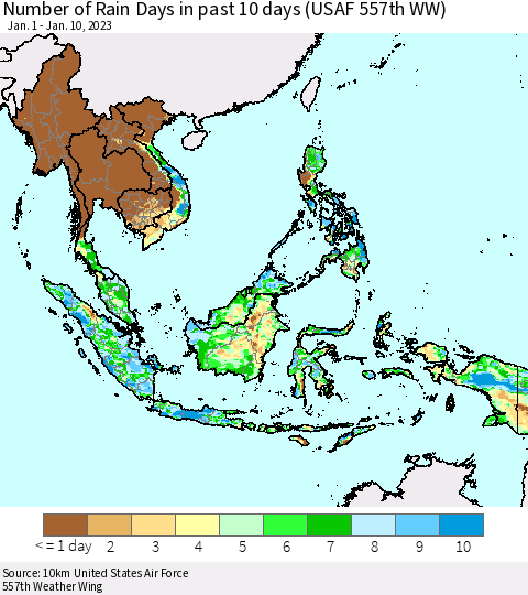 South East Asia Number of Rain Days in past 10 days (USAF 557th WW) Thematic Map For 1/6/2023 - 1/10/2023