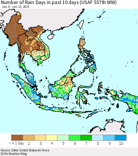 South East Asia Number of Rain Days in past 10 days (USAF 557th WW) Thematic Map For 1/11/2023 - 1/15/2023