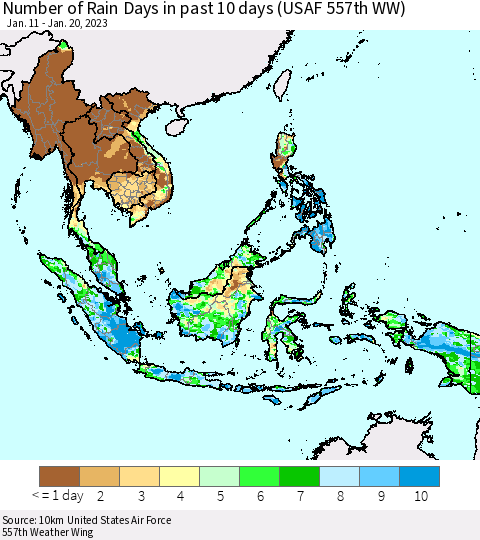 South East Asia Number of Rain Days in past 10 days (USAF 557th WW) Thematic Map For 1/16/2023 - 1/20/2023