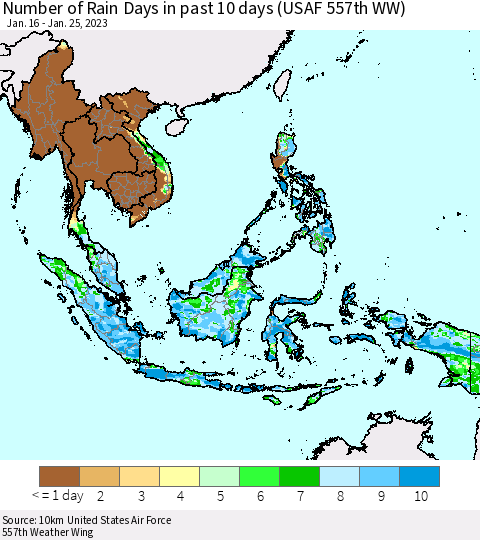 South East Asia Number of Rain Days in past 10 days (USAF 557th WW) Thematic Map For 1/21/2023 - 1/25/2023