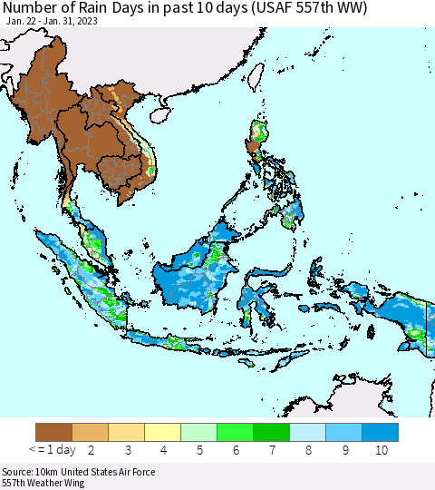South East Asia Number of Rain Days in past 10 days (USAF 557th WW) Thematic Map For 1/26/2023 - 1/31/2023