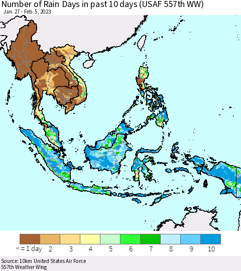 South East Asia Number of Rain Days in past 10 days (USAF 557th WW) Thematic Map For 2/1/2023 - 2/5/2023