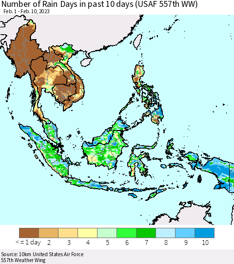 South East Asia Number of Rain Days in past 10 days (USAF 557th WW) Thematic Map For 2/6/2023 - 2/10/2023