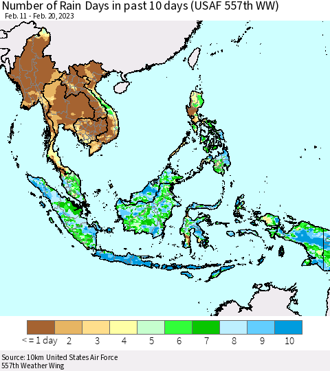 South East Asia Number of Rain Days in past 10 days (USAF 557th WW) Thematic Map For 2/16/2023 - 2/20/2023