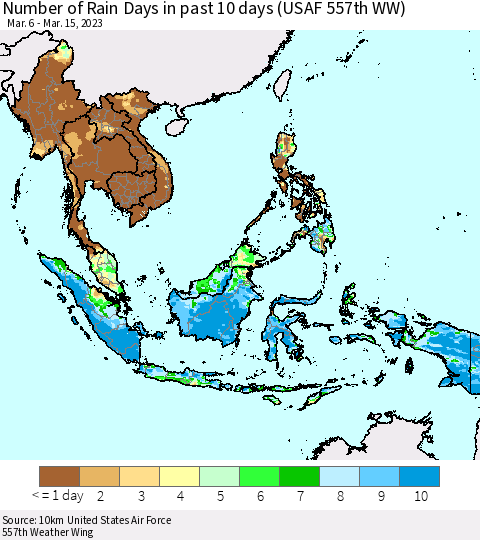South East Asia Number of Rain Days in past 10 days (USAF 557th WW) Thematic Map For 3/11/2023 - 3/15/2023