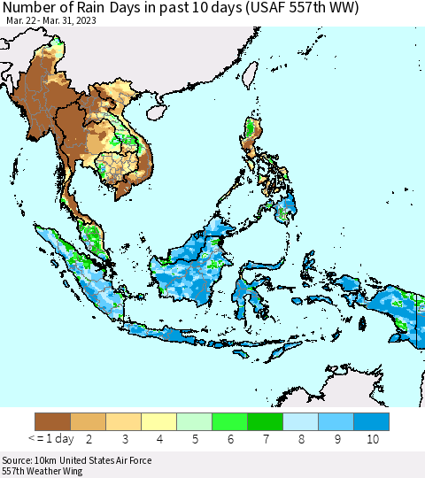South East Asia Number of Rain Days in past 10 days (USAF 557th WW) Thematic Map For 3/26/2023 - 3/31/2023