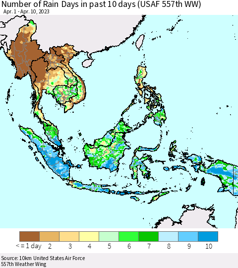South East Asia Number of Rain Days in past 10 days (USAF 557th WW) Thematic Map For 4/6/2023 - 4/10/2023