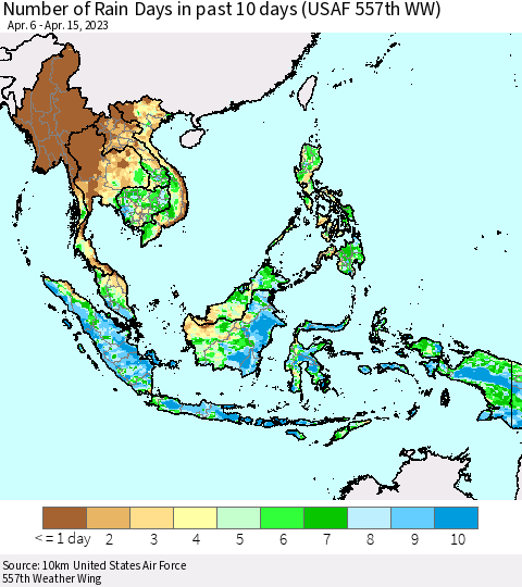 South East Asia Number of Rain Days in past 10 days (USAF 557th WW) Thematic Map For 4/11/2023 - 4/15/2023