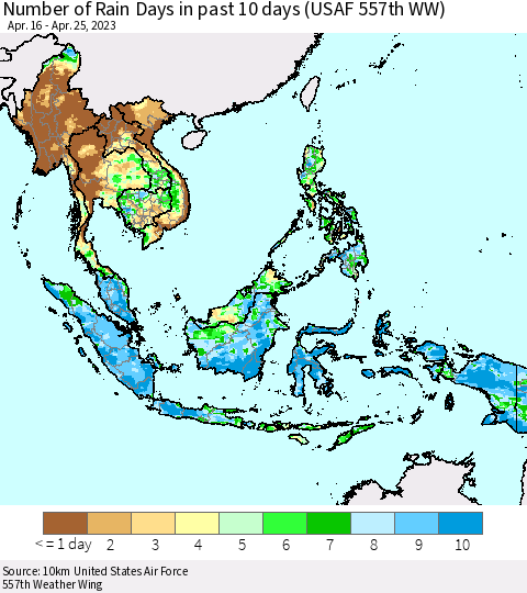 South East Asia Number of Rain Days in past 10 days (USAF 557th WW) Thematic Map For 4/21/2023 - 4/25/2023