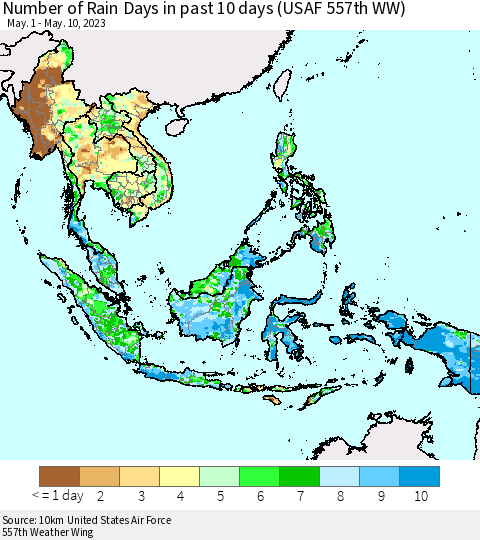 South East Asia Number of Rain Days in past 10 days (USAF 557th WW) Thematic Map For 5/6/2023 - 5/10/2023