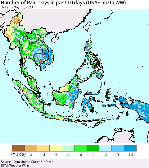 South East Asia Number of Rain Days in past 10 days (USAF 557th WW) Thematic Map For 5/11/2023 - 5/15/2023