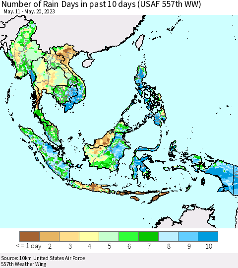 South East Asia Number of Rain Days in past 10 days (USAF 557th WW) Thematic Map For 5/16/2023 - 5/20/2023