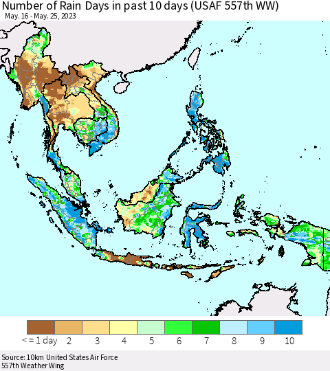 South East Asia Number of Rain Days in past 10 days (USAF 557th WW) Thematic Map For 5/21/2023 - 5/25/2023